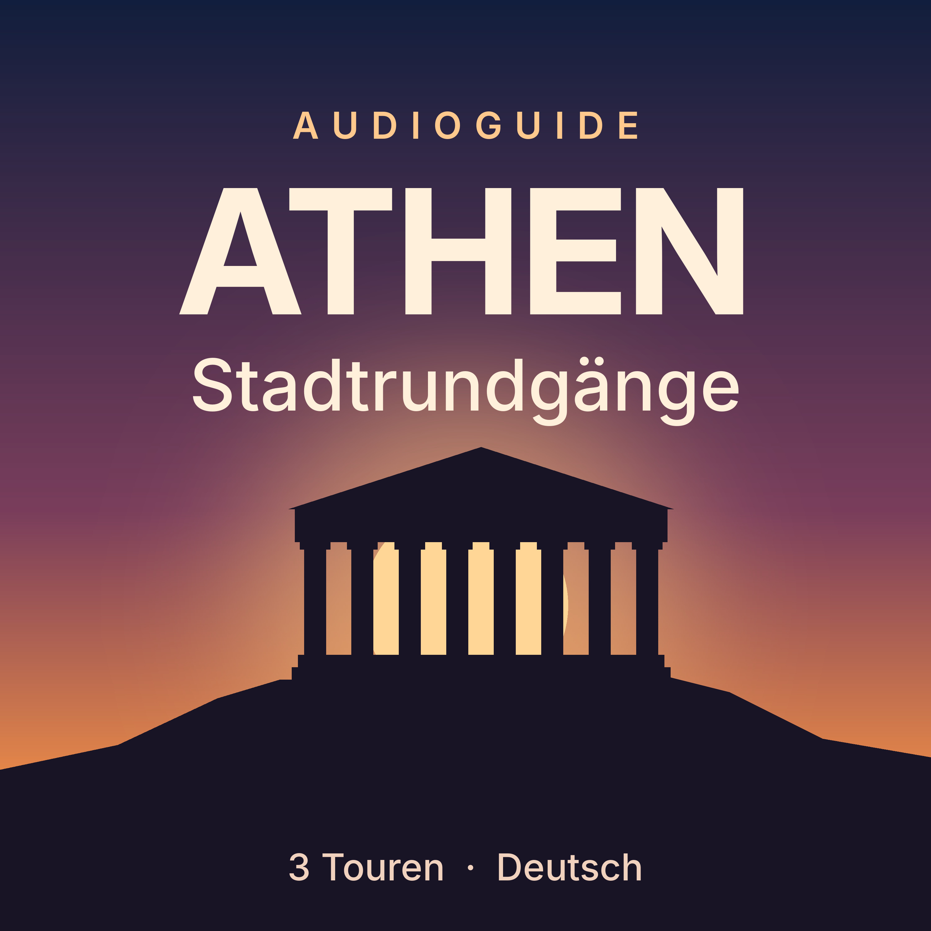 Cover: Tempel-Silhouette vor Abendhimmel, Schriftzug Audioguide Athen Akropolis